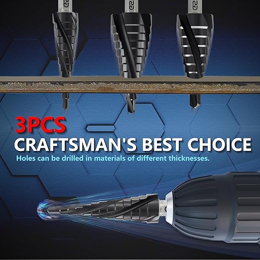 GSTK Pro Max 3PCS Four Spiral Flute Cobalt Unibit Step Drill bit, Impact Ready, for Metal, Stainless Steel, Aluminum, Wood, Plastic with 1/4" Hex Shank