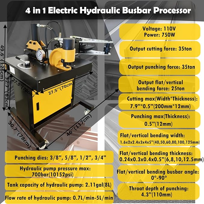 4 in 1 Electric Hydraulic Busbar Processor Busbar Bender Cutter/Hole Puncher/Flat Bending/Vertical Bending Cutting Punching Bending Machine for Iron, Copper, Aluminum 110V