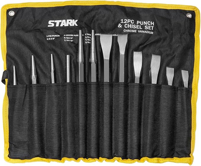 XtremepowerUS 12-Pieces Professional Punch and Chisel Set Mechanics Pin Tapered Center Chisel Punch with Carrying Pouch