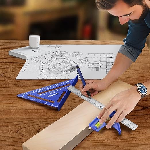 Square Combination Woodworking Tools, 7inch Carpenter Square Wood Working Tools and Accessories, 12inch Square Ruler, Includes Small Bubble Level, Protractor Angle Ruler Carpentry Tool