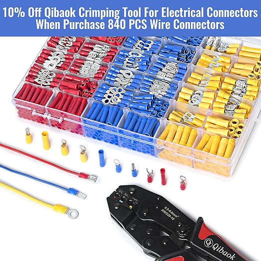 Qibaok 840PCS Electrical Wire Connectors, Insulated Wire Crimp Terminals, Mixed Butt Ring Fork Spade Bullet Quick Disconnect Assortment Kit