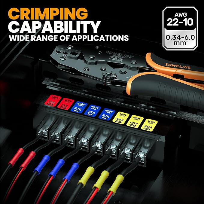 SOMELINE Crimping Tool for Insulated Electrical Wire Connectors, with 22-10 AWG Insulated Butt Connectors and Ratchet Crimping Pliers – for Automotive & Electrical Repairs