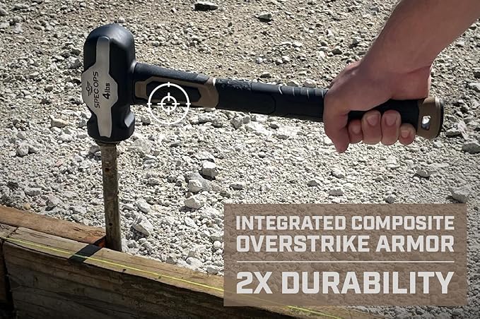 Spec Ops Tools Engineering Hammer, 4 lb Sledge hammer with Removable Soft Mallet Cap & Bi-Material Shock Absorbing & Vibration Dampening Handle, 3% Donated to Veterans, Black/Tan