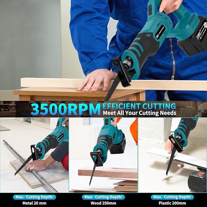 Cordless Rotated Handle Reciprocating Saw, 2 x 6.0Ah Battery, 12Pcs Blades, 28MM Stroke, 180° Cutting Angle, Wood/Metal/PVC