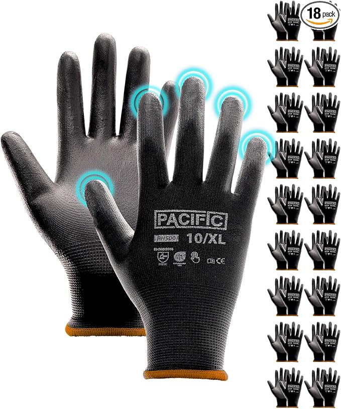PACIFIC PPE Work Gloves PU Coated-18 Pairs, Touchscreen Working Gloves for Men and Women, Mechanic Gloves, Lightweight, Black, Extra Large