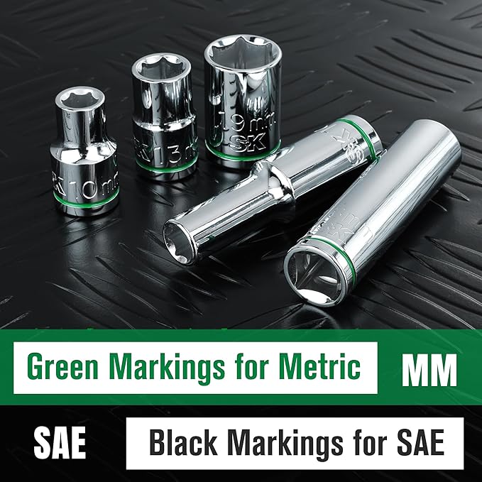 SK 1/2" Drive Socket Set, Deep Metric Sockets, 11-Piece 10-20mm, SuperKrome Finish, Premium CR-V Construction, with Aluminum Socket Organizer
