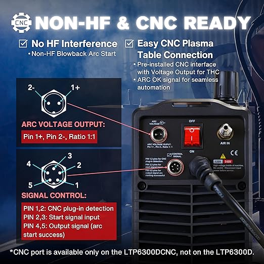 LOTOS LTP6300DCNC 63AMP Non-Touch Pilot Arc CNC Enabled Plasma Cutter, Drag Cut Enabled, 3/4" 19mm Clean Cut, 1" 25mm Severance Cut, THC Torch Height Control Enabled, Non-HF Arc Start, 110V/220V