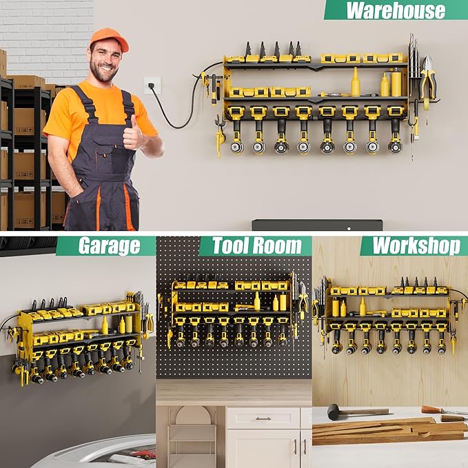 Suchtale Power Tool Organizer with Charging Station,33.2" Garage 8 Drill Holders Wall Mount,3 Layers Heavy Duty Metal Tool Shelf with 8 Outlets Power Strip, Gift for Men, Father, Yellow