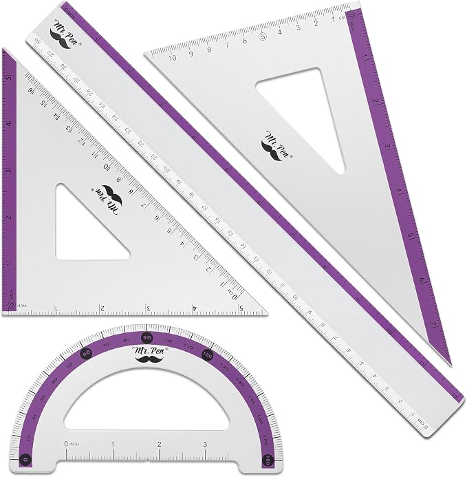 Mr. Pen- Metal Geometry Kit, 4 Pack, 45° & 30°/60° Set Squares | 6" Protractor by MrPen