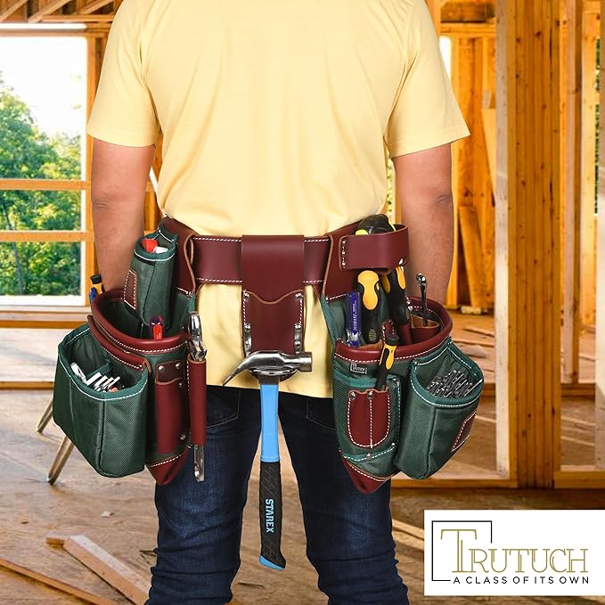 Nylon and Leather Tool Belt | Framing Tool Bags | Leather Tool Belts | Nylon Tool Pouch | Carpenter Tool Belt | Construction | Framers | Electrician (Green)
