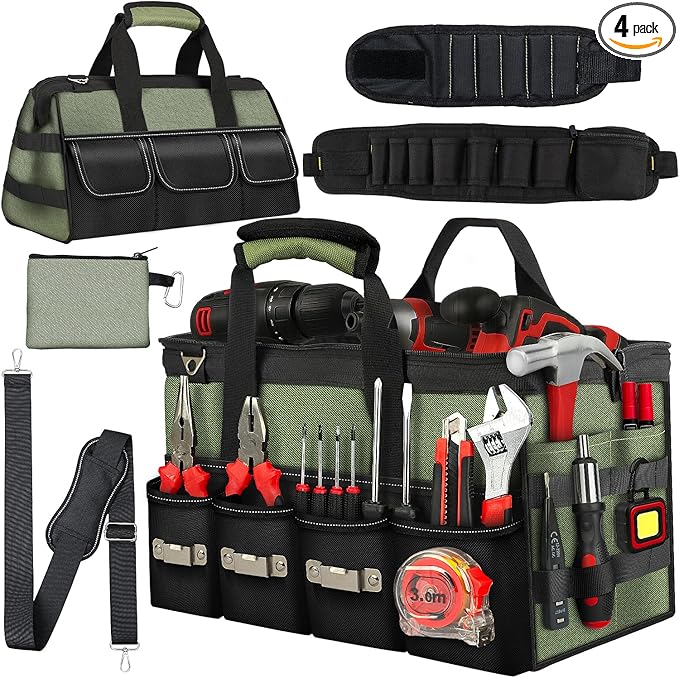 18 Inch Heavy Duty Tool Bag-48 Pockets,1680D Tear&Abrasion Resistant,Includes Tool Pouch,Tool Belt,Magnetic Wristband&Adjustable Shoulder Strap | Tool Organizer(Green)