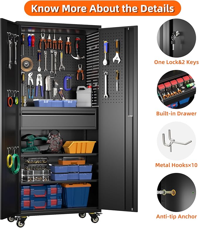 Metal Garage Storage Cabinet with Wheels and Doors,71" H Rolling Tool Cabinet with Pegboard and Drawer for Garage Warehouse Home,Required Assembly,Black