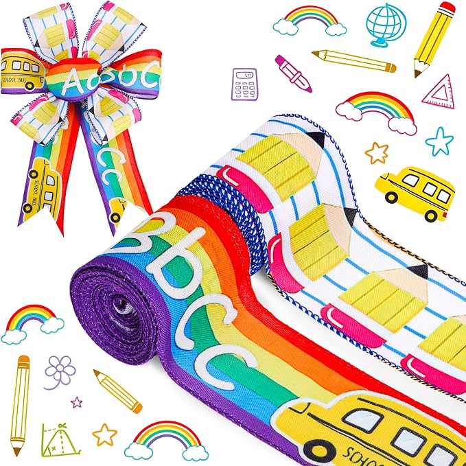 2 Rolls Back to School Wired Edge Ribbons, 12 Yards Apple Pencil Stripe by Unknown