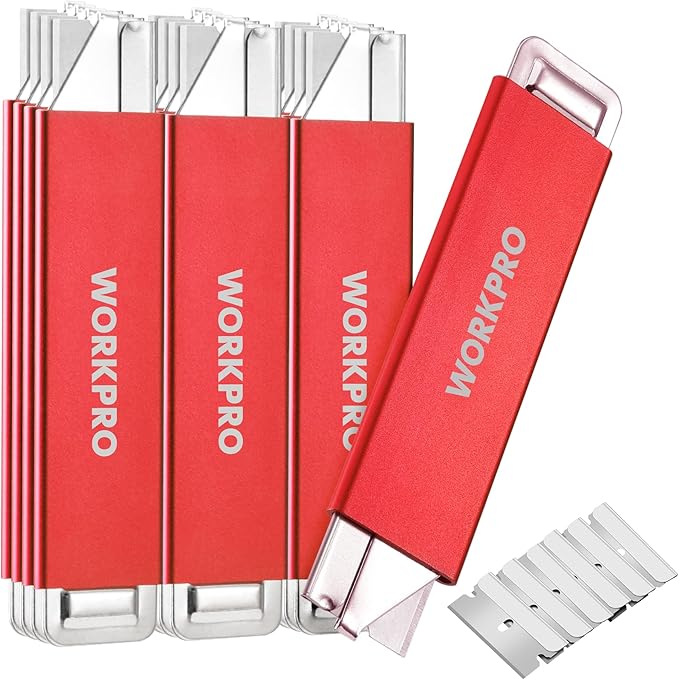 WORKPRO 12-Pack Box Cutter Retractable - Utility Knife with Single Edge Razor Blade - Razor Knife Box Opener Cardboard Cutter with Metal Sheathes- Extra 12-Pack Razor Blades for Replacement - Red