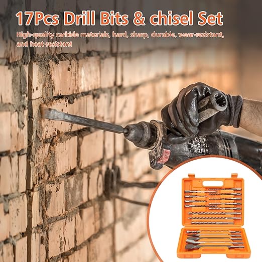 17Pcs SDS Plus Rotary Hammer Drill Bit Set,Concrete Drill Bit Kit with Point Chisel,Flat Chisel,Cross Type Double Thread Carbide Material for Concrete,Bricks,Tiles,Stone and Glass