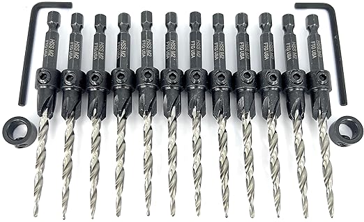 FTG USA 12 Pc #10 (3/16") Countersink Drill Bit Set for Wood with Tapered Drill Bit