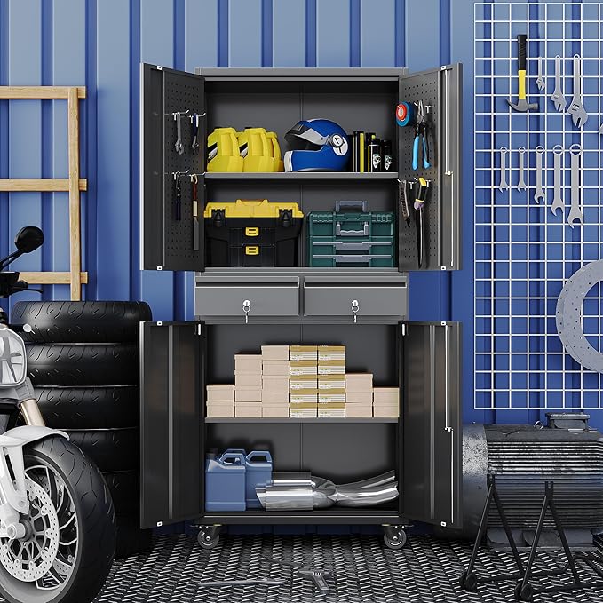 71" H Metal Garage Storage Cabinet with Wheels and Doors,Rolling Tool Cabinet with Pegboard and 2 Lockable Drawer for Garage Warehouse Home,Required Assembly,Black