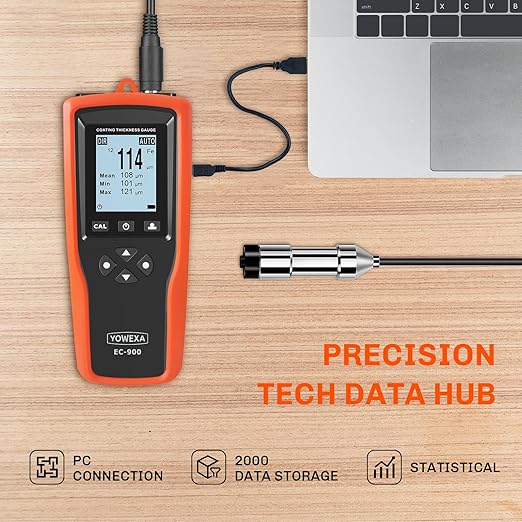 EC-900 Professional Coating Thickness Gauge with External Ruby Wear-Resistant Probe, Paint Depth Meter with Fe 0-5000μm, Non-Fe 0-3000μm Measuring Range, USB Data Transfer