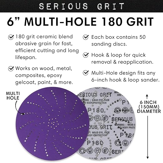 6-Inch 180 Grit Ceramic Multi-Hole Hook & Loop Sanding Discs - Advanced Grain for Fast Cutting & Long Life - Film-Backed Universal Fit Sandpaper for 6-in Sanders - 50 Pack Box