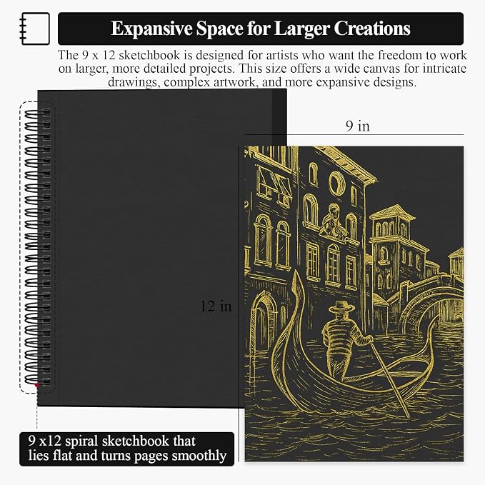 SuFly Black Paper Notebook, 60 Sheets Spiral Bound Sketch Book 9x12, - Image 2