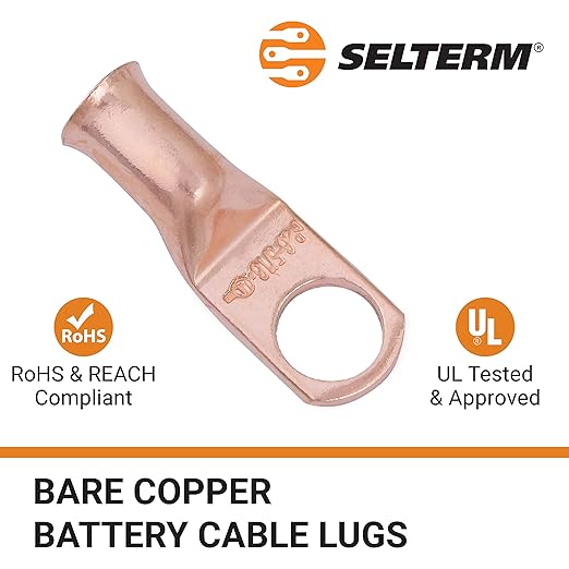 SELTERM 25pcs 6 AWG 5/16" Stud Battery Lugs, Ring Terminals, Heavy Duty Copper Wire Lugs, Cable Ends, 6 Gauge Ring Terminal Connectors, UL Bare Copper Eyelets Electrical Connectors