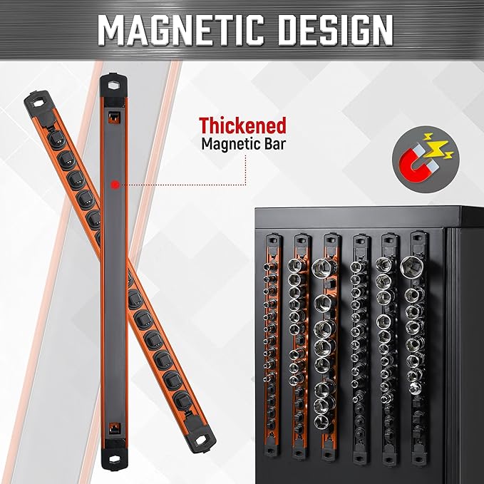 ALOANES 1/4-Inch Drive Magnetic Socket Organizer, Heavy Duty Aluminum Socket Rail Organizer, 360° Swivel Clips Socket Holder Kit for Tool Box, 1/4-Inch Socket Holder x 14 Clips (Orange)