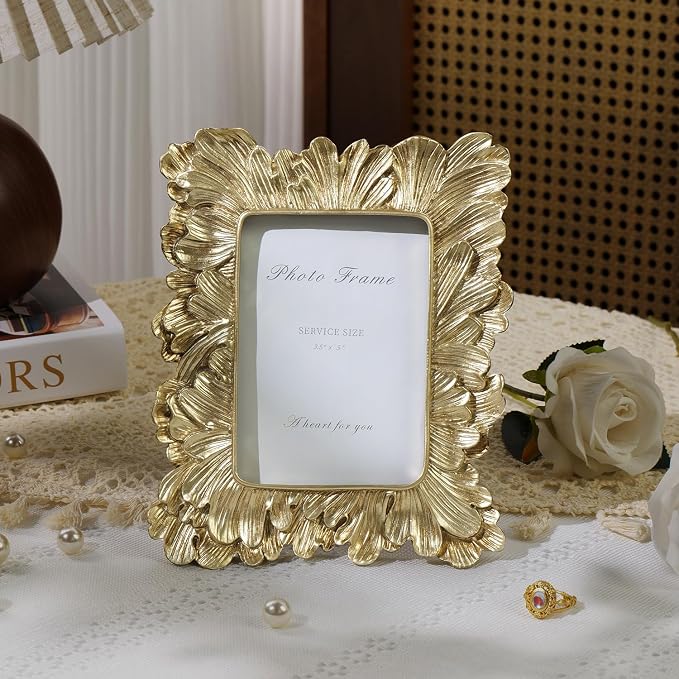 Cuspin 3.5x5 Picture Frame Small Gold Frames, Vintage Gold Palm Leaves Textured - Image 2