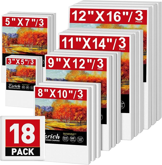 ESRICH Stretched Canvas for Painting, 18 Multi Pack Blank Canvases for Painting by ESRICH