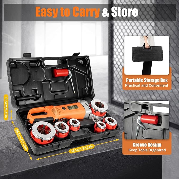 110V Electric Pipe Threader with 6 Dies 1/2"-2", Portable Pipe Treading Machine with All-copper Motor, Hand-held Pipe Treading Kit with Carrying Case for Galvanized pipe, Iron & Steel Pipes, 2300W
