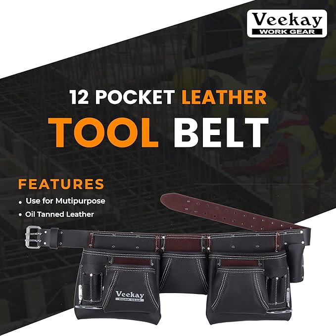 VEEKAY Leather Tool Belt Brown 2-Inch wide belt with 12 Pockets Oil Tanned, Tool Pouch/Bag for 32 to 46 Inch Waist – Ideal for Construction, Carpenters, and Framers
