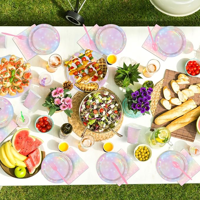 168Pcs Pink Pastel Rainbow Party Decorations Pink Iridescent Plates and Napkins - Image 5