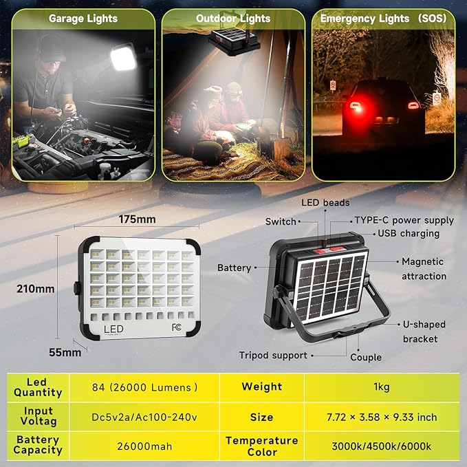 300W LED Solar Work Light 26000LM Magnetic Portable Light, 26000mAh Rechargeable with 5 Modes, IP66 Waterproof for Outdoor Camping, Car Repair, Building, Workshop, Garage, Emergency