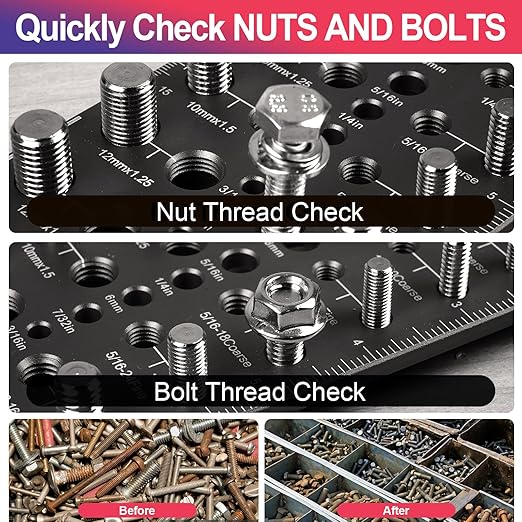 51-in-1 Bolt Size Finder & Thread Checker, 32 Metric & 32 SAE Nut and Bolt Thread Gauge with 19 Drill Bit Checker, CNC-Machined Aluminum Screw Size Chart, Go/No-Go ANSI Standard, Non-Slip Base