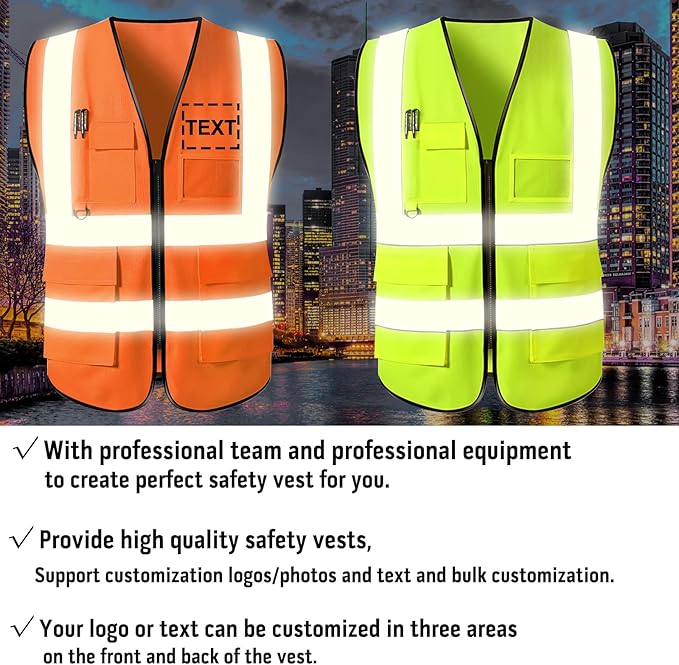 Custom Safety Vest with Logo for Men Women Personalized Class 2 High Visibility Reflective Vests with Pockets Zipper(S-5XL)