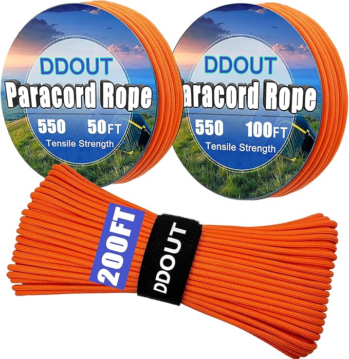 Paracord Nylon Rope Orange 50ft with 7-Strand Core, 10 Colors and 50/100/200 ft, Type III Parachute Cord 4mm for Camping, Survival, Hiking, DIY, Crafting, Outdoor Utility Rope