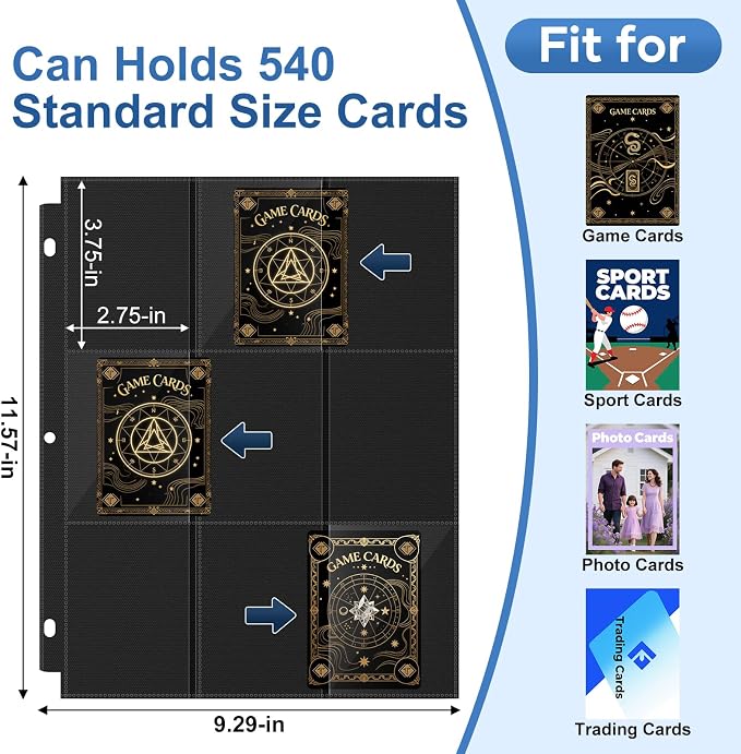30 Pack 9 Pocket Page Protector, 540 Pockets Black Card Binder Sheets, Trading - Image 2