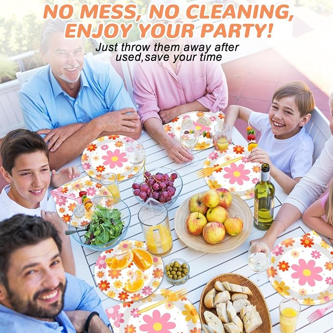 Qyeahkj 50 Guests Groovy Daisy Plates and Napkins Party Supplies Boho Hippie - Image 7