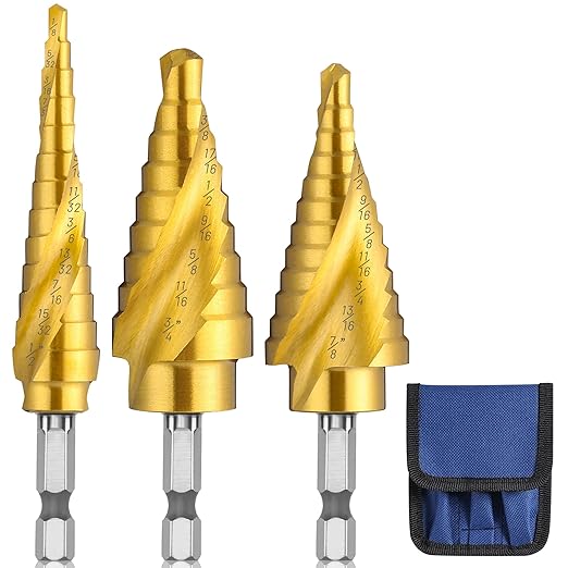 3PCS Step Drill Bit Set, Spiral Grooved HSS Titanium Step Drill Bits for Metal, 31 Sizes Stepper Up Bits