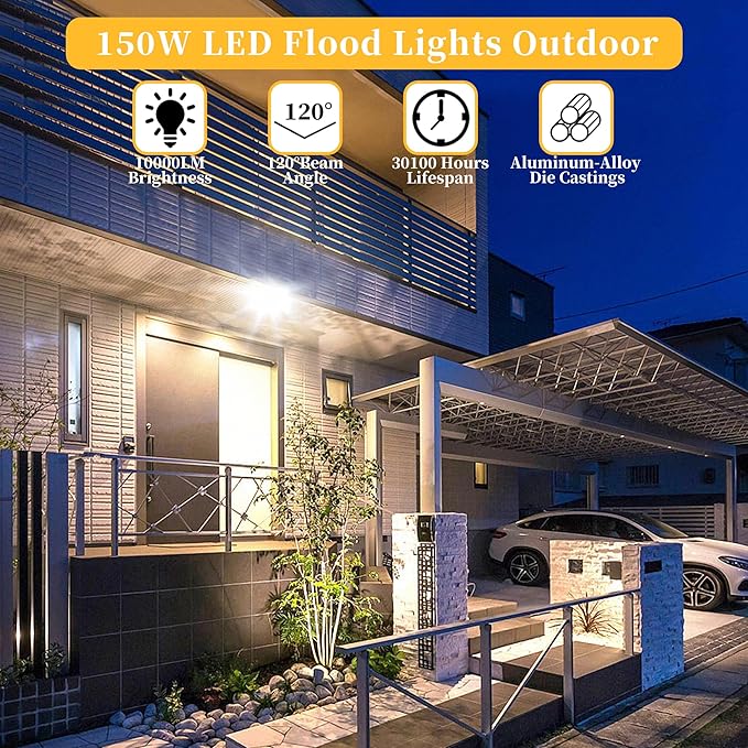 ADYENA 150W LED Flood Lights Outdoor Plug in, 15000 LM Super Bright Security Lights, IP66 Waterproof LED Work Light, 6000K Daylight White Floodlights for Garage Yard Garden Playground(2 Pack)