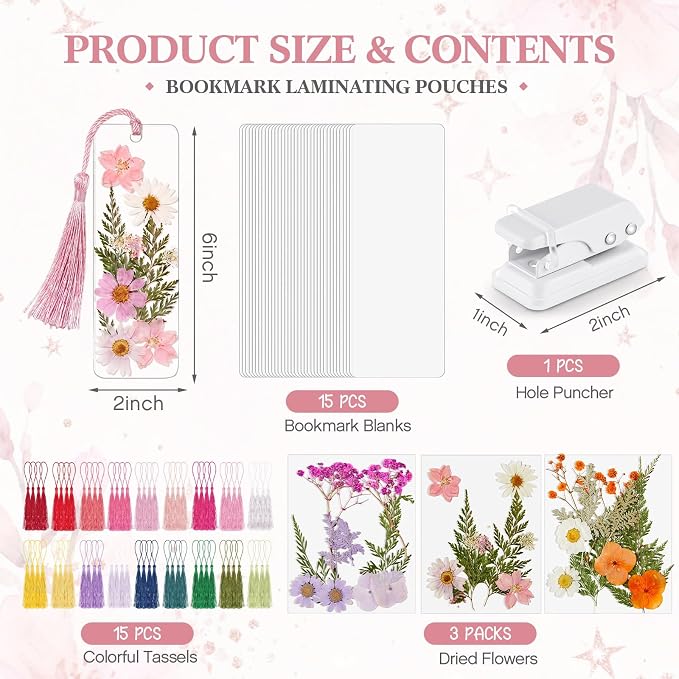 Fuyoooo 61 Pcs Pressed Flowers Bookmark Making Kit, DIY Bookmark Laminating - Image 2