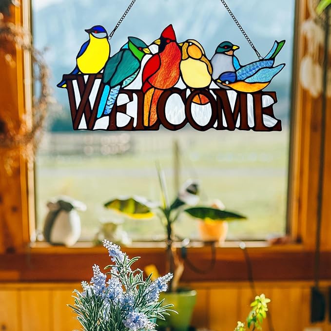 6 Birds Stained Glass Welcome Sign - Image 4