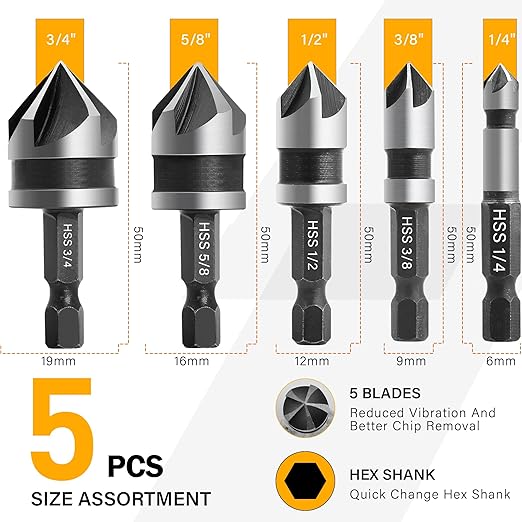 5 Pcs Countersink Drill Bit Set, 82 Degree 5 Flute High-Speed Steel Countersink Drill Bit with 1/4” Hex Shank, 1/4" to 3/4" Size for Machinable Metals, Wood, Carbon Steel, in Aluminum Case