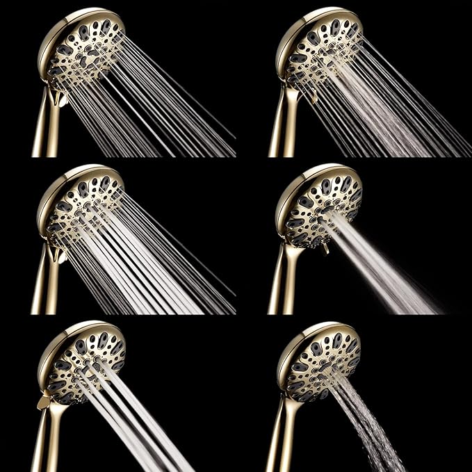 Handheld Shower Head, 6 Spray Setting High Pressure Shower Head with Brass Swivel Ball Bracket and Extra Long Stainless Steel Hose, Polished Brass, 5"