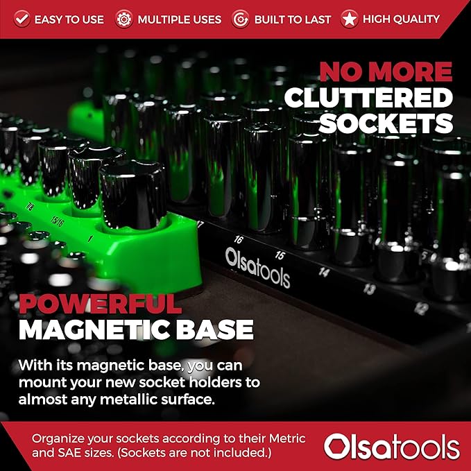 Olsa Tools Magnetic Socket Organizer | 6 Piece Socket Holder Set | 1/2-inch, 3/8-inch, & 1/4-inch Drive | Metric Black, SAE Green | Holds 143 Sockets | Professional Quality Tool Organizers