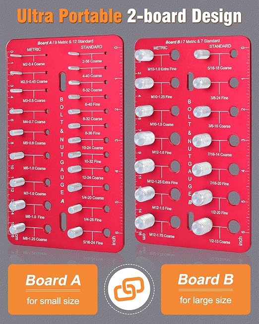 Thread Checker, Nut and Bolt Thread Checker with 19 Standard and 16 Metric Sizes, Bolt Size Finder and Thread Gauge with Inch and Centimeter Ruler