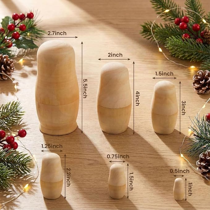 Koogel 6 Set Blank Nesting Dolls, Unfinished Wood Crafts Russian Dolls - Image 7