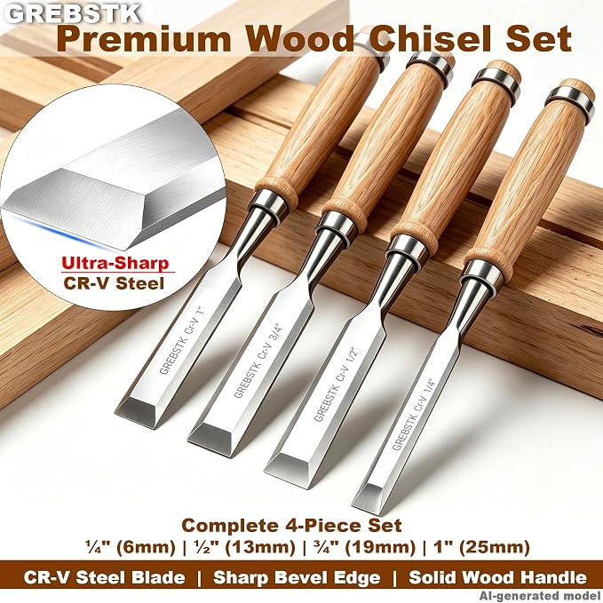 GREBSTK 4-Piece Ultra-Sharp Wood Chisel Set, CR-V Steel Beveled Blades - Image 5