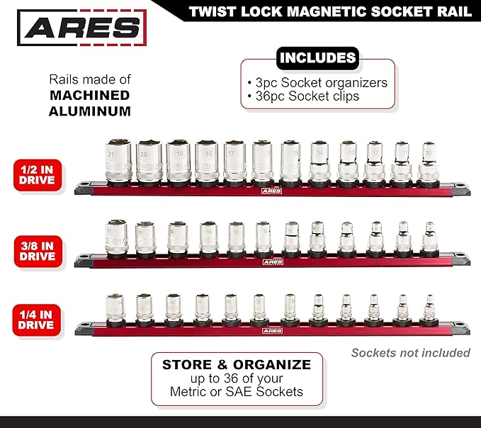 ARES 60171-3-Piece 15.5-Inch Red Twist Lock Magnetic Socket Rail Set - Store 12 Metric or SAE Sockets on Each Rail and Keep Your Tool Box Organized – Magnetic Base for Easy Socket Organization