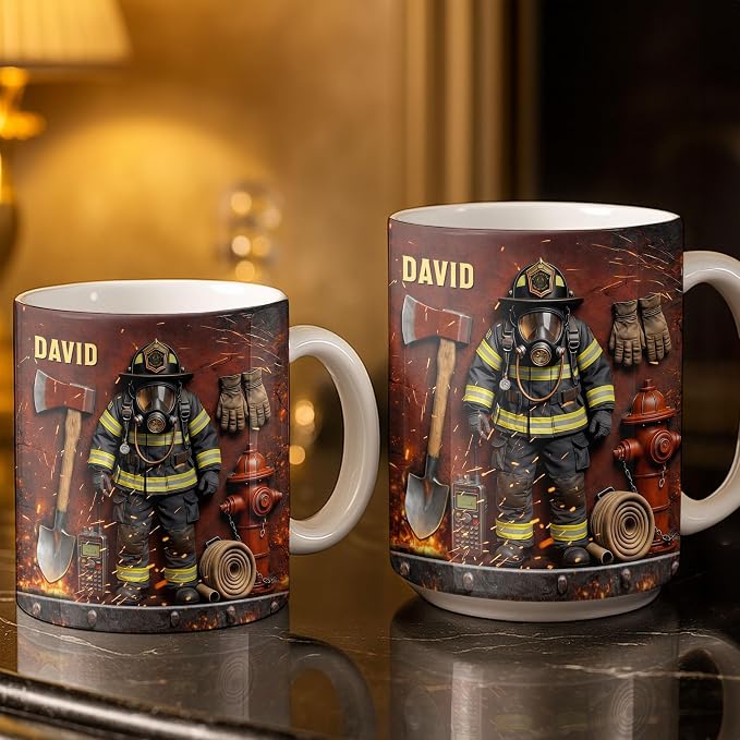 Personalized Firefighter Gifts for Men Dad Custom Name Mug, Fireman Gear Design - Image 3