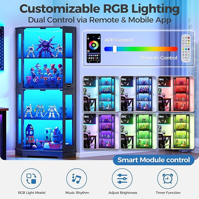 IRONCK 71" Carbon Fiber Corner Glass Display Cabinet, RGB LED Lights - Image 5